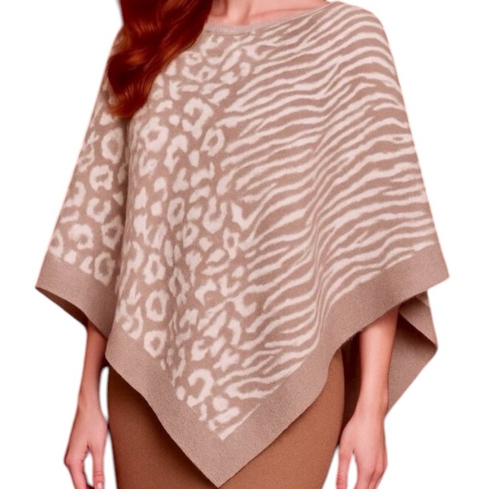 Barefoot Dreams CozyChic Ocean Breeze Animal Print Sweater Poncho in Rose Animal